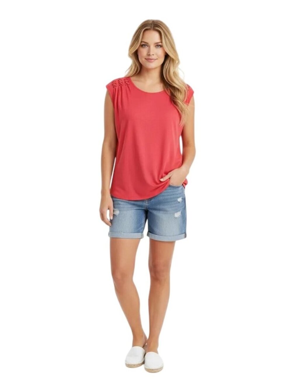 Spense Women's Criss-Cross Shoulder Details SLMN Sunset Red/Orange Blouse L/G